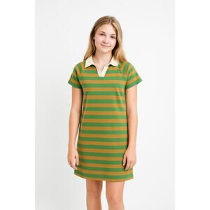 Toad & Co Yerba Rugby Polo Dress Women S Striped Green Tan Organic Cotton Preppy